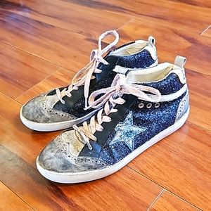 Golden Goose Mid Super Star Glitter Sneaker Size 8, pink laces